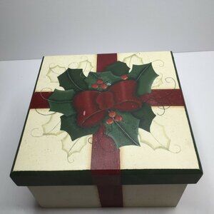 Handmade Tole Painted Wooden Christmas Gift Present Box Lid Holly Holiday